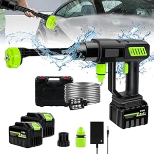 120Bar 1000W Nettoyeur Haute Pression sans Fil Portable, Buse 6 en 1 Nettoyeur Haute Pression, Batterie 15000mAh, Tuyau 5m, pour Auto, Jardin, Bateau, Allée, Extérieur (2 Batteries 1 Chargeur)