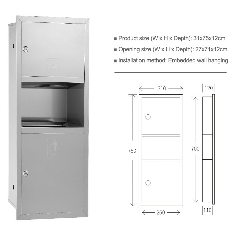 Distributore di carta igienica, cestino per rifiuti, nicchie per carta igienica in acciaio inox commerciale, contenitore per rifiuti a parete, organizzatore per bagni pubblici di hotel (31x75x12 cm)
