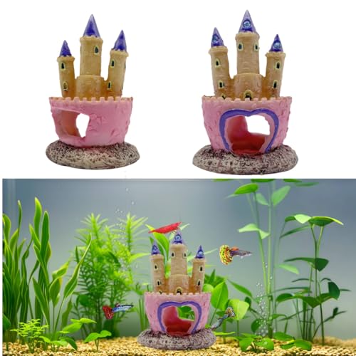 Image of Small Cartoon Aquarium Castle Decor, Mini Cute Pink Castle Hide Cave Hideouts for Small Fishes Shrimp Crab Fish Larvaes Cichlid, Princess Style Castles Statue Birthday Party Table Decor - 11 x 8 cm