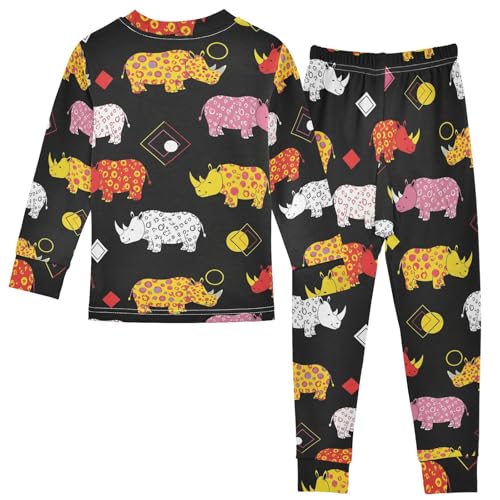 Pajama Sets Long Sleeve Colorful Rhinos on Black Soft Comfy Sleepwear 2 Piece PJS 3-8T3