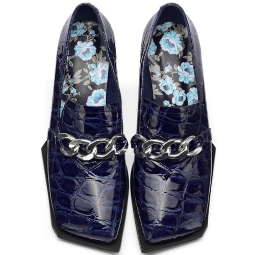 Image of Loafers for Women Patent Leather Buckle Square Toe Chunky Block Dress Slip On Wide Casual Comfortable Dressy High Heels Ladies Comfort Moccasins Elegantes 2 Inch Shoes