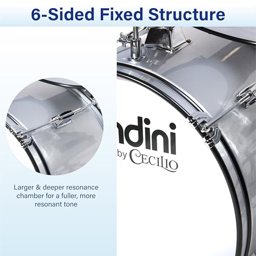 Image of Mendini by Cecilio 16 inch 5-Piece Complete Kids /Junior Drum Set with Adjustable Throne, Cymbal, Pedal & Drumsticks, Metallic Silver, MJDS-5-SR
