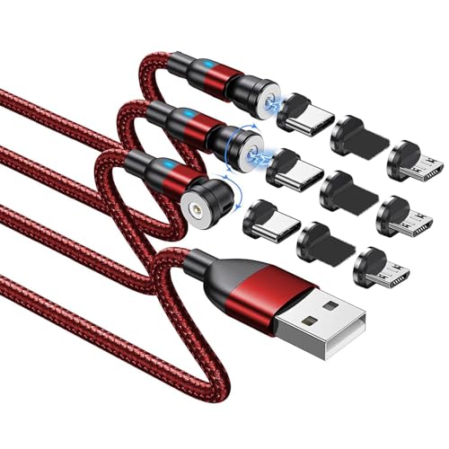BITHAI Magnetic Charging Cable 3-Pack 540° Rotation Magnetic Phone Charger Cable with LED Light Compatible with Micro USB, Type C and iProduct Device | Red Nylon-Braided Cord (3.3ft/3.3ft/3.3ft)