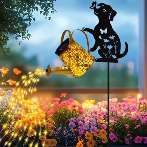 ostritec Solar Lights Outdoor Decorative, Watering Can with Cascading Lights, with Dog Silhouette Garden Stakes, Waterproof Metal Garden Decor for Yard Art, Outside, Patio, Lawn Ornaments(1 Pack)