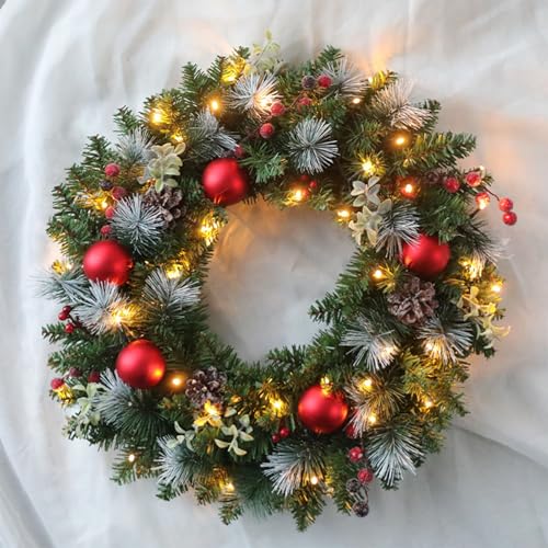 Christmas Wreaths for Front Door Xmas Wreath with Lights Artificial Xmas Garland with Pinecone Berry Decorations for Inside Outside Fireplaces Home Wall Door Stair (40cm)