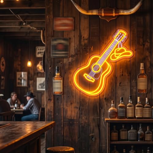 Image of Cowboy Acoustic Guitar Neon Light, Dimmable LED Guitar Neon Wall Sign with Cowboy Hat, USB Powered Western Country Music Decor for Bedroom, Man Cave, Music Studio, Gift for Guitar Players