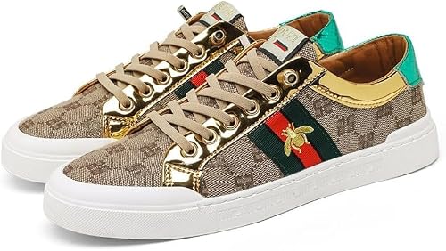 Men's Bee Sneakers Gold Buckle Skateboard Shoes Luxury Casual Streetwear (Golden, Adult, Men, 9.5, Numeric, US Footwear Size System, Medium)