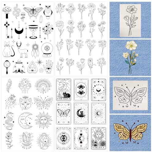 Water Soluble Embroidery Patterns Stabilizers - Rngmsi 4 Pcs Mystic Boho Stick and Stitch Embroidery Paper Wash Away, Flower Moon Cat Designs Transfer Patterns Stabilizers for Hand Sewing