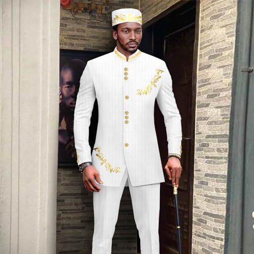 African Suit for Men Single Breasted Embroidery Blazer Pants and Hat Set Formal Outfits2