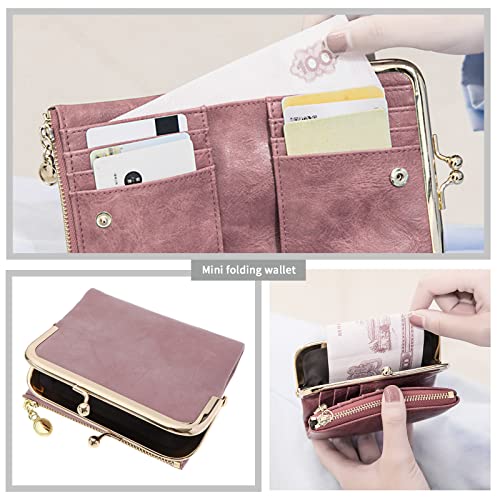 Women Wallet PU Leather Bifold Purse with Zipper and Kiss Lock Bank Card Storage Bag Vintage Small Compact Multifunctional Coin Pocket 12x10cm Pink2