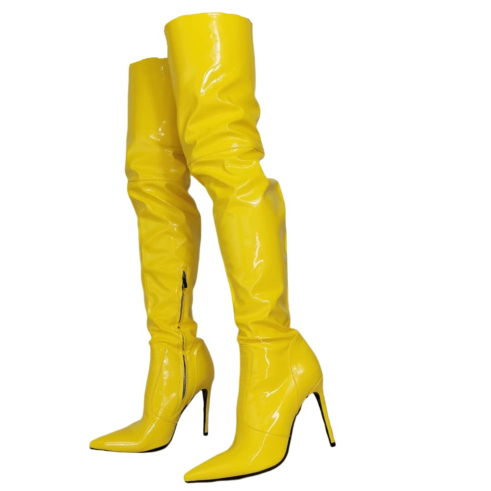 YELLO LONG BOOTS 美品　24.5 Sexy Yellow Stiletto Over The Knee Boot, Cute Patent Winter Thin