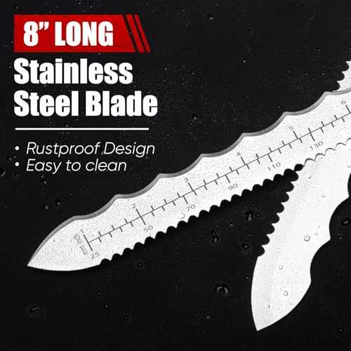 Image of PINOZE 8 inch Insulation Knife, Stainless Steel Blade Insulation Cutter w /Laser Scale, Dual-Side Serrated Duct Knife Tool with Sheath for Cutting Heat Material Foam /Rockwool /Styrofoam, Garden Sod Cutter