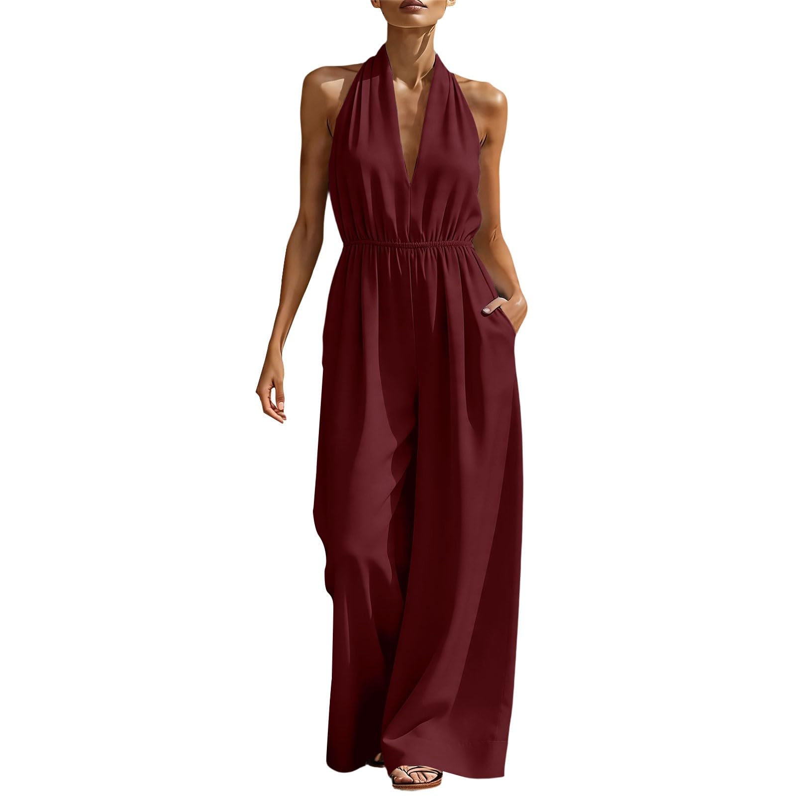 Generisch Tuta da donna elegante per matrimonio, con allacciatura al collo | Tuta con scollo a V, tinta unita, senza maniche, a gamba larga, con tasche, tuta aderente per feste