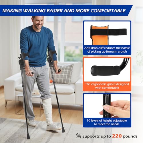 Dyna-Living Forearm Crutches for Adults - 3 Adjustable Angles Folding Forearm Crutches, Lightweight Aluminum Crutches with Adjustable Elbow Elastic Band, Perfect for Post-Surgery & Long Term Use
