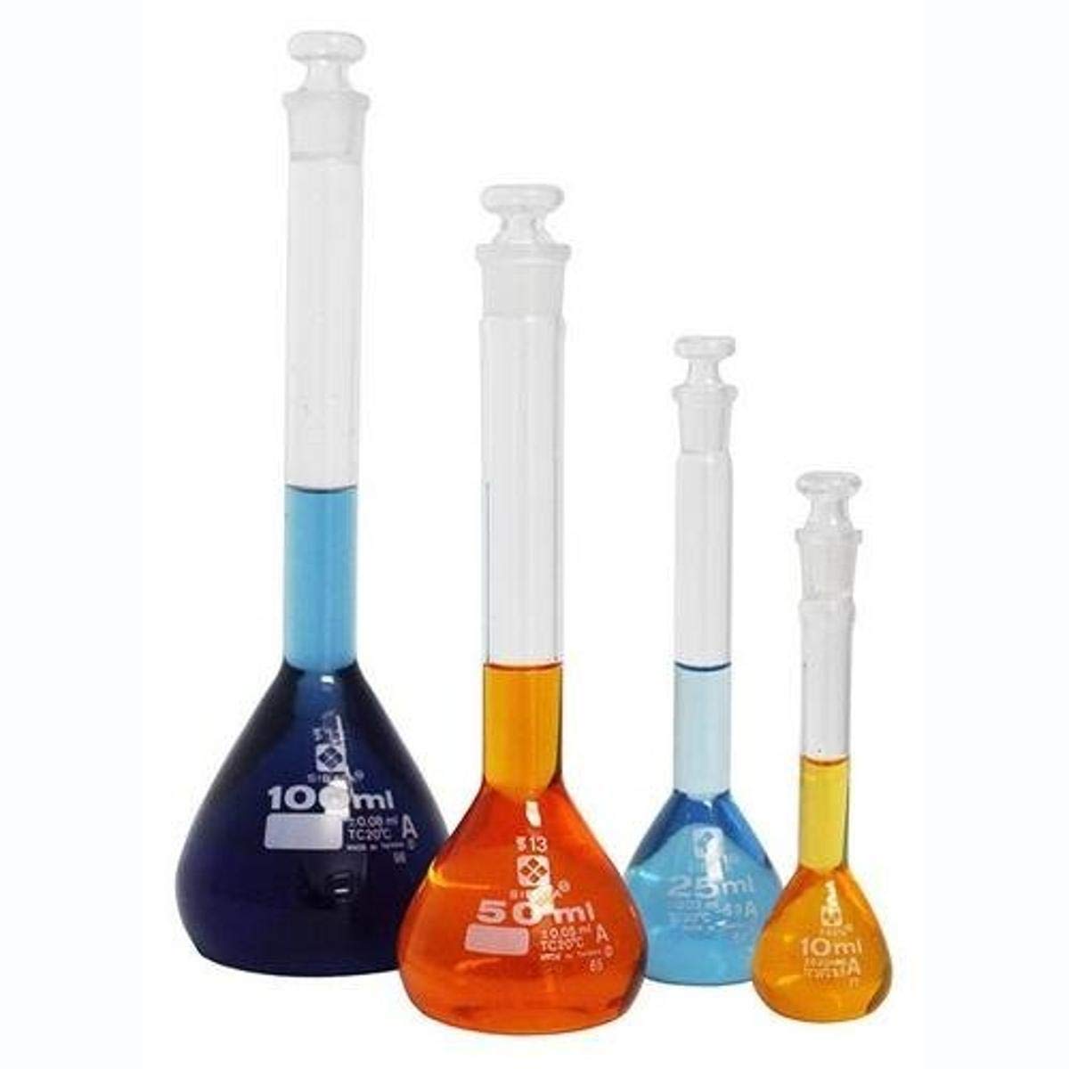 Vee Gee 202GK-004 4 Piece Class A Volumetric Flask Set, (1) 10mL Flask, (1) 25mL Flask, (1) 50mL Flask, (1) 100mL Flask (Set of 4)