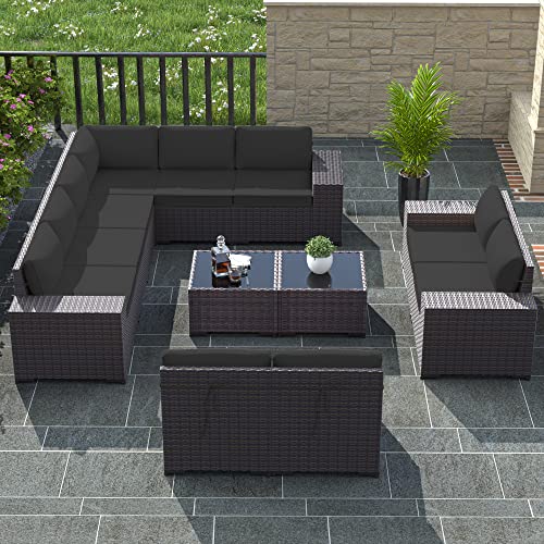 Image of 12 PCS Outdoor Patio Furniture Set,Outdoor Sectional Furniture All Weather PE Rattan Wicker Patio Conversation Set with 2 Coffee Tables and 10 Thickened Cushions,Black