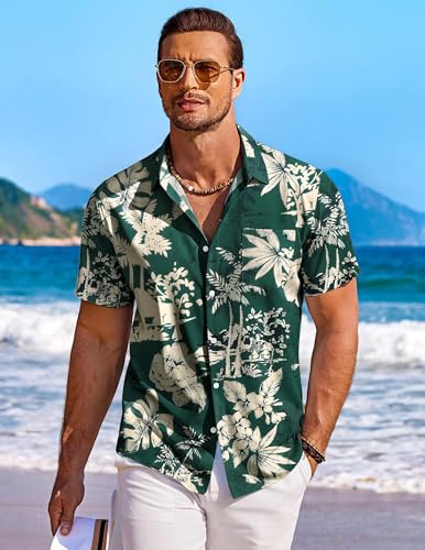 COOFANDY Men's Short Sleeve Button Down Shirts Wrinkle Free Hawaiian Shirts for Men, Green - Palm Tree, Large - Image 2