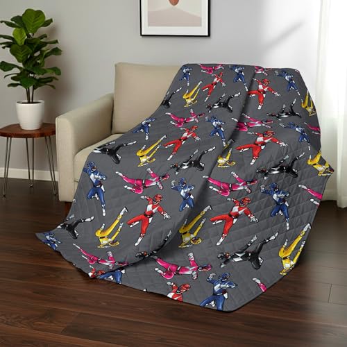 Image of Power Rangers and Helmets Quilted Throw Blanket, Classic Mighty Morphin Helmet Icons, Comfy Throw, Adults Boys Girls, Soft Lightweight Bedding for Bed, or Couch, 60 x 80 Inches