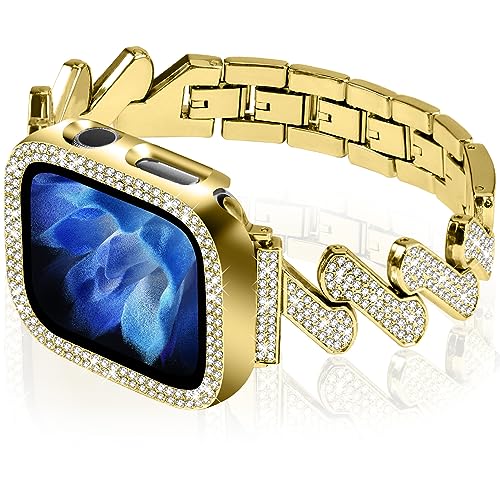 JOYOZY Bling Bands Compatible with Apple Watch Band 40mm, Women Girl Diamond Jewelry Metal Strap Bands with Crystal Tempered Glass Screen Protector Case for iWatch Series 6/5/4/SE(No Tool Needed)