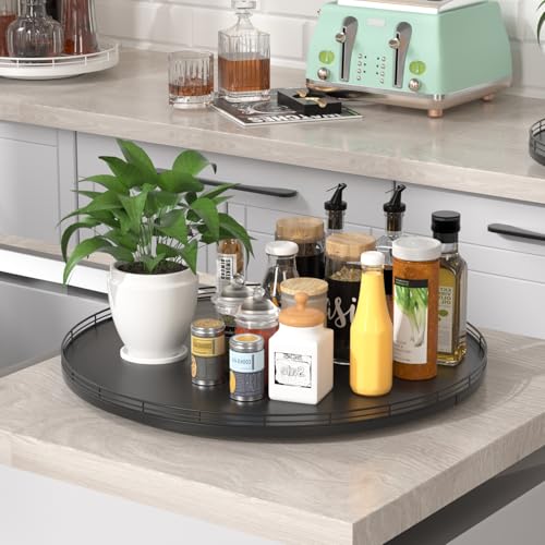 Image of Oroyutor 21 inch Oak Wooden Lazy Susan Turntable for Dining Table, Extra Large Round Lazy Susans Organizer for Kitchen Countertop Charcuterie Boards Cheese Board Organization and Storage Black Home Decor