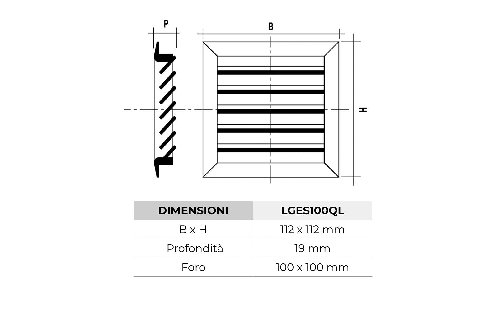 La Ventilazione LGES100QL kwadratowa kratka wentylacyjna dąb lakierowana rama montażowa 112x112mm