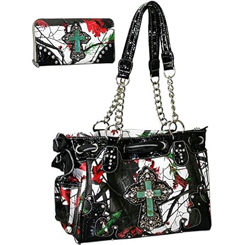 Western Rhinestone Studded Cross Handbag Purse Wallet Set With Scarf - Red/Cam Cover