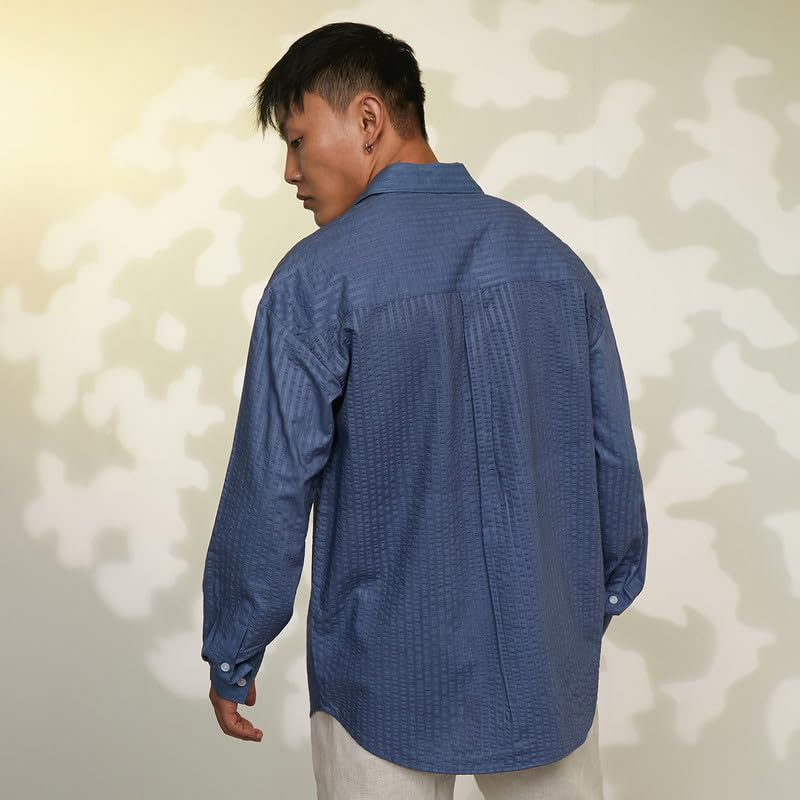 Image of CAHOOT Men's Veined-Textured Shirt | Casual Wear | Spread Collar | Long Sleeve | Button Closure | Shirt Crafted with Comfort Fit for Everyday Wear