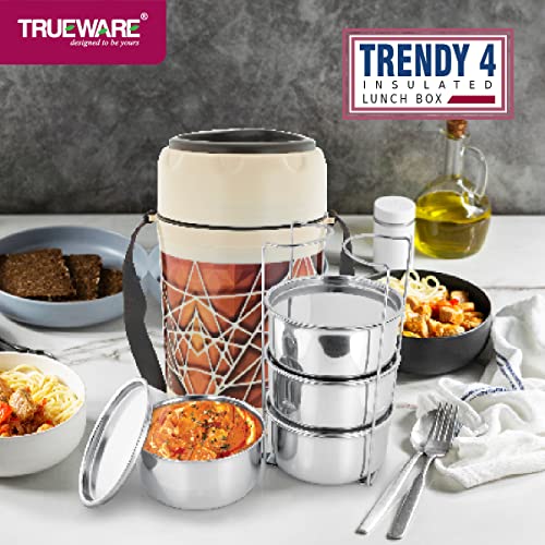 Image of Trueware Trendy 4 Inner Steel Outer Plastic thermoware Lunch Box | 4 Container 300 ML Each-Brown | PU Insulated | Lunch Box | Tiffin | Hot lunch box | Leak Proof | Easy to Carry | Hot & Cold Food Grade| BPA Free | Stainless Steel Dabbi | Office | Outdoors | For Men, Women, and Kids