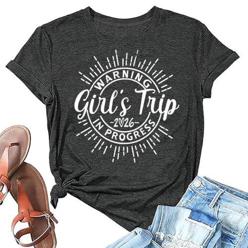 Girls Trip Shirt for Women 2024 Novelty Travel Tshirt Adventure Hiking Summer Vacation Casual Tee, Dark Grey, XXL