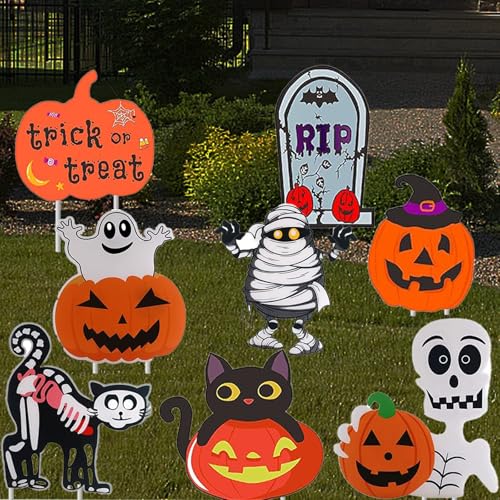 Halloween Decorations Outdoor Yard Signs: 8PCS Halloween Yard Decorations with Stakes Ghost Skeleton Pumpkin Cat Tombstone Lawn Decorations Sign for Garden Yard Patio Prop