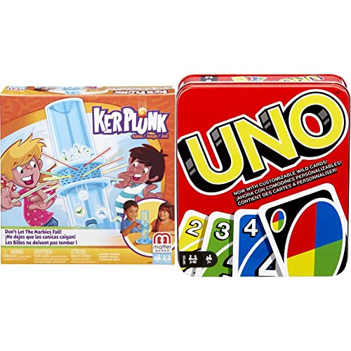 Kerplunk Classic Kids Game with Marbles, Sticks and Game Unit, Easy-to-Learn & UNO Family Card Game, with 112 Cards in a Sturdy Storage Tin, Travel-Friendly, Makes a Great Gift