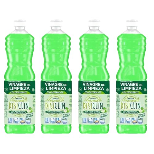 Disiclin Vinagre de Limpieza con detergente Aroma Manzana 1L – Pack de 4 Botellas | Desengrasante Potente, Antical y Limpiador Eficaz para el Hogar, Ideal para Cocina y Superficies total 4L