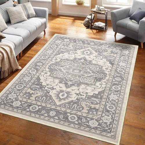 INVIN ART Machine Washable 5x7 Non-Slip Area Rug, Stain-Resistant Pet Friendly Carpet, Vintage Floral Print Transitional Style Low-Pile Floor Mat for Living Room, Bedroom, Home Office,Series#4