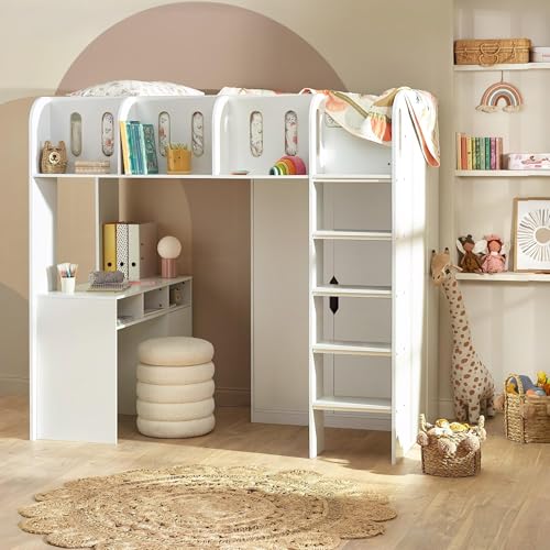 Image of Julian Bowen Vision High Sleeper Bunk Bed, White Bed Frame with Desk and Ladder for Kids and Teens - 3ft Single 180 x 116 x 195cm