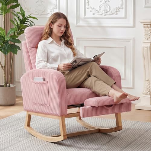 Image of Garvee Nursery Rocking Chair with Foot Rest,Corduroy Upholstered Reading Glider Chair,High Backrest & Side Pocket for Living Room, Bedroom, Baby Room