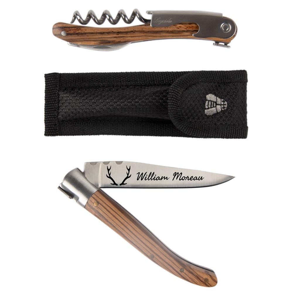 Coffret couteaux personnalisés gravés – Couteau de poche et sommelier en bois et métal – Coffret cadeau 2 pièces personnalisables