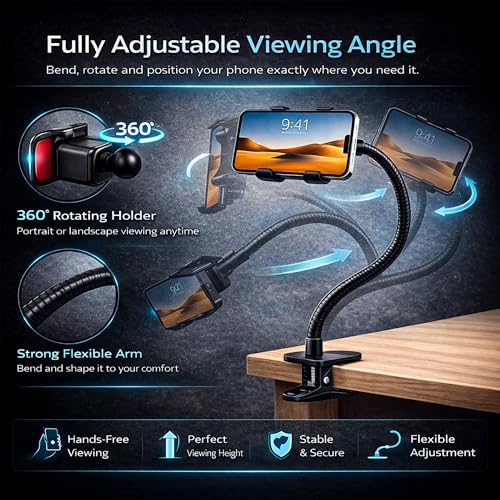 Image of SWAPKART Updated 2026 Flexible Mobile Tabletop Stand, Metal Built -for Video, Heavy Duty Foldable Lazy Bracket Clip Mount, Multi Angle Clamp for All Smartphones (Black)