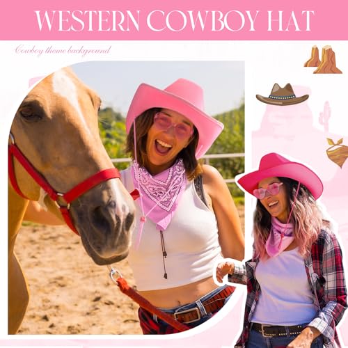 Image of Coume 6 Sets Cowboy Hat with Heart Sunglasses and Paisley Bandanas Western Cowgirl Hat for Cosplay Costume Adults(Pink)