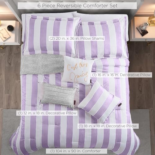 Image of Juicy Couture Cabana Stripe Reversible Bedding Set - King Size - Lavender /White Stripe Print - 6 Piece Set - Includes 1 104 inch x 90 inch Comforter, 3 Decorative Pillows, 2 Shams