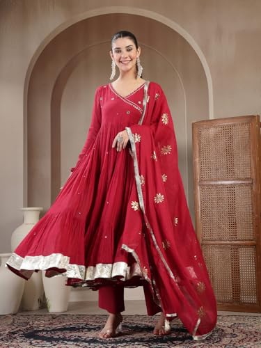 Image of Gulmohar Jaipur Women's Malmal Solid Angrakha Neck Anarkali Kurta Suit Set
