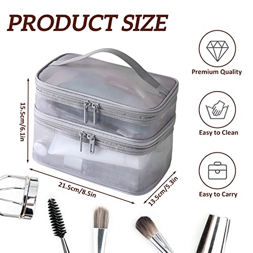 Double Layer Makeup Bag, Large Mesh Travel Cosmetic Pouch with Double Zipper, Vertical Make up Bag, Multifunctional Toiletry Bag for Makeup Brushes (Gray) 7