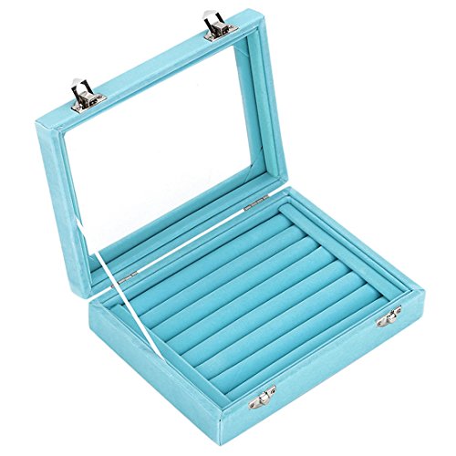 Ivosmart 7 Slots Velvet Glass Ring Jewellery Display Storage Box Tray Case Holder Earring Organizer Stand Light Blue