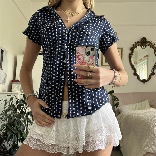 Image of Y2k Girls Vintage Coquette Button Down Shirt Women Short Sleeve V-Neck Slim Fitted T-Shirt Cute Blouse Crop Top