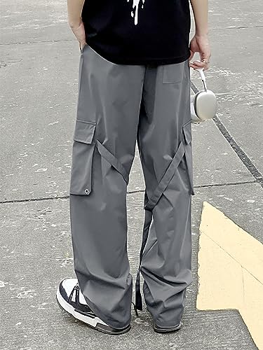 OYOANGLE Men's Camo Print Drawstring Waist Straight Wide Leg Flap Pocket Cargo Pants Trousers2