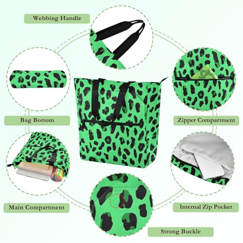 Green Leopard Skin Print Tote Bag for Book Lovers Reusable Bags with Zipper Pocket for School Work Shopping3