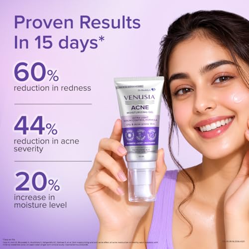 Image of Dr. Reddy's Venusia Acne Moisturizing Gel For Oily & Acne Prone Skin | Ultra-light Sebum Control Formula With 5%+ Hydrating Complex, Polyglutamic Acid, 4-D Hyaluronic Acid and Ceramide | Advanced Care For Clear, Balanced & Healthy Skin | Unisex Face Gel | 60 gm