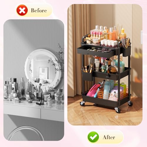 Image of SUNALLY Makeup Cart Organizer with Drawer,3 Tier Rolling Makeup Cart, Black
