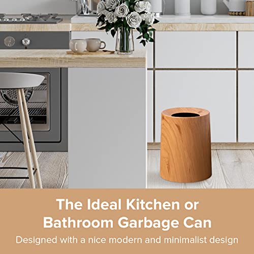 Anti Spill Wood Style Waste Basket - Kids And Pet Proof Garbage Container - Open Top Indoor Outdoor Trash Can - 12L/3.2Gal Capacity - Patio Garbage Can - Round Sleek Garbage Bin - 10Inx10Inx12In #TOP2