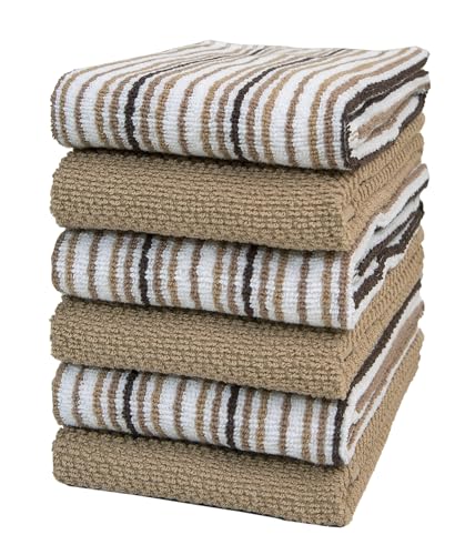Kitchen Towels 16”x 26” - 6 Pack | Large Cotton Dish Towels | Popcorn Stripe Design | 430 GSM Highly Absorbent with Hanging Loop | Tan
