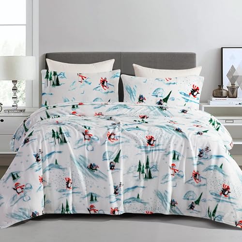 Elegant Comfort Luxuriously Soft 4-Piece Holiday Velvet Plush Flannel Sheet Set - Premium Quality - Cozy Warm, Christmas Fuzzy Velvet Flannel Fleece Deep Pocket Sheet Set - Full, Skiing Penguins